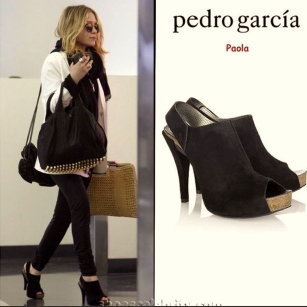 Pedro Garcia Paola Suede Peeptoe Slingback Platform Heels Black Sz 40